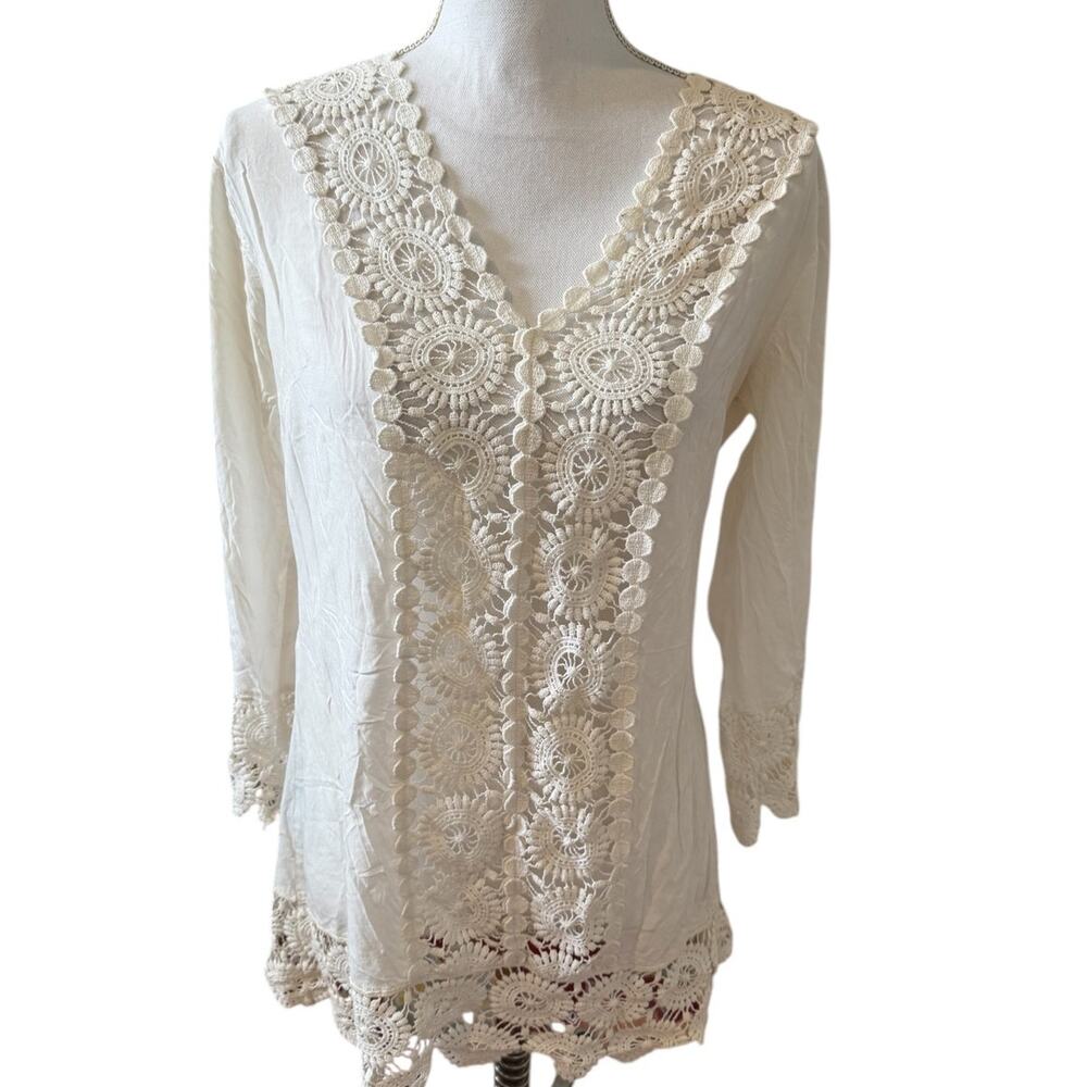 Solitaire Swim White Long Sleeve Crochet Cover Up Resort Dress M